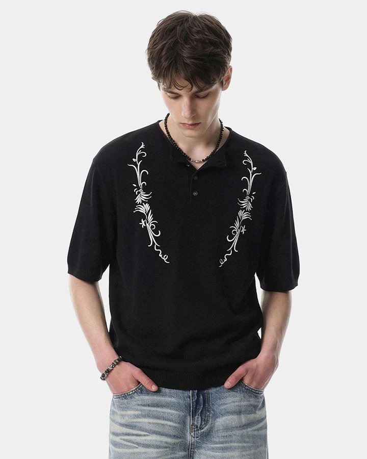 Vintage Embroidered Henley Short Sleeve Tee - Image 2