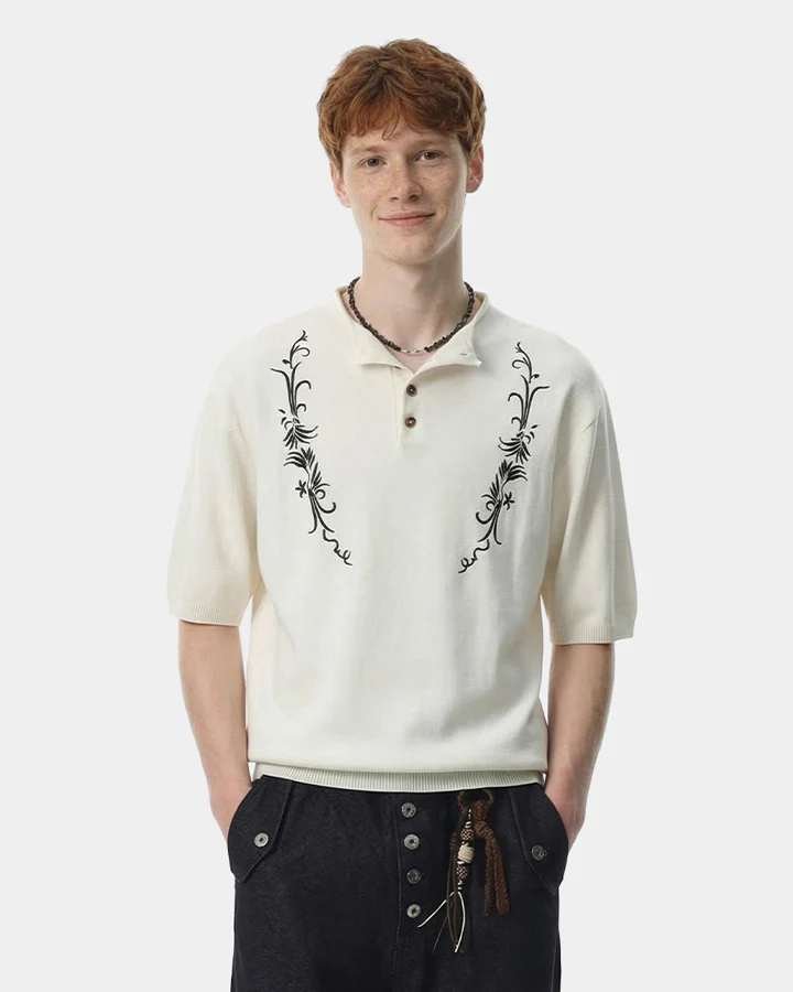 Vintage Embroidered Henley Short Sleeve Tee - Image 4