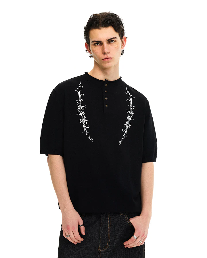 Vintage Embroidered Henley Short Sleeve Tee - Image 6