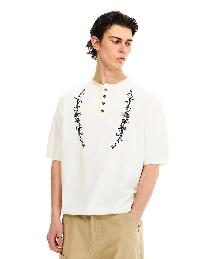 Vintage Embroidered Henley Short Sleeve Tee - Image 9