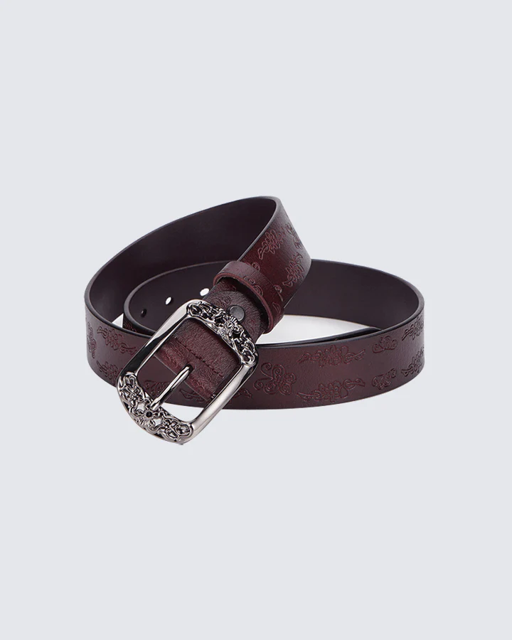 Vintage Floral Embossed Leather Belt with Ornate Buckle - Image 2