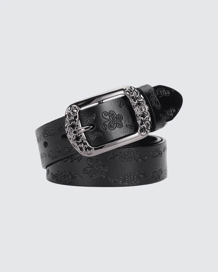 Vintage Floral Embossed Leather Belt with Ornate Buckle - Image 3