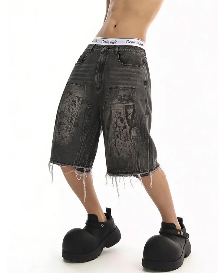Vintage Graphic Washed Five-Length Denim Shorts - Image 5
