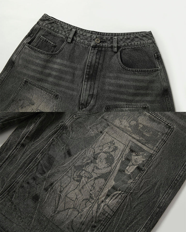 Vintage Graphic Washed Five-Length Denim Shorts - Image 9