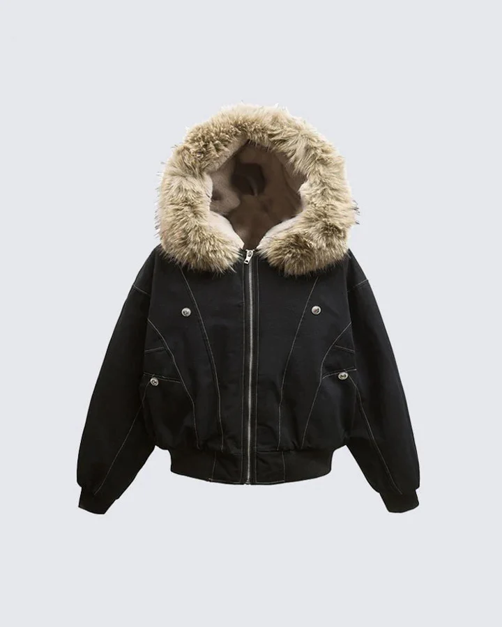 Vintage Hooded Fur Collar Jacket