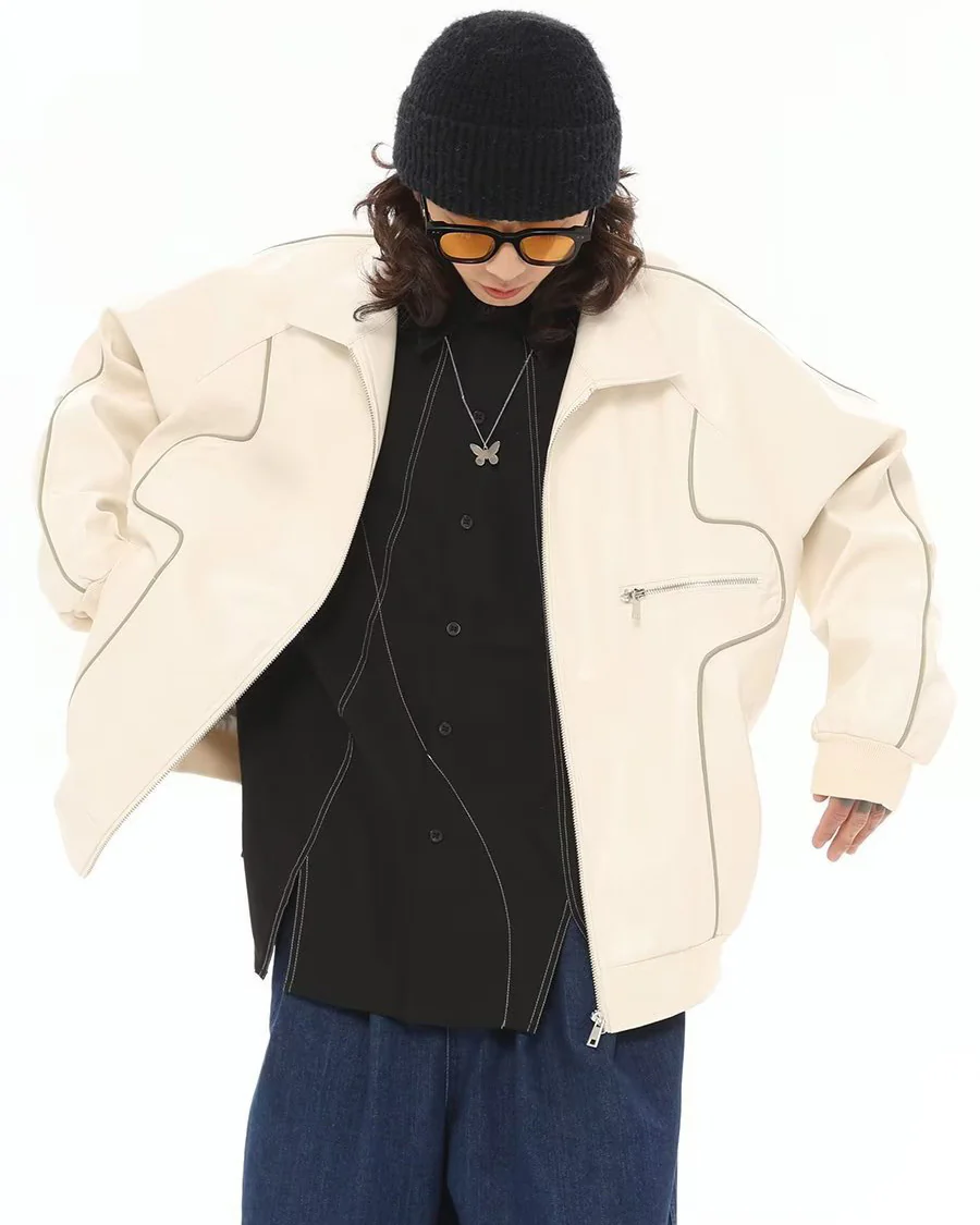 Vintage-Inspired Faux Leather Bomber Jacket - Image 2