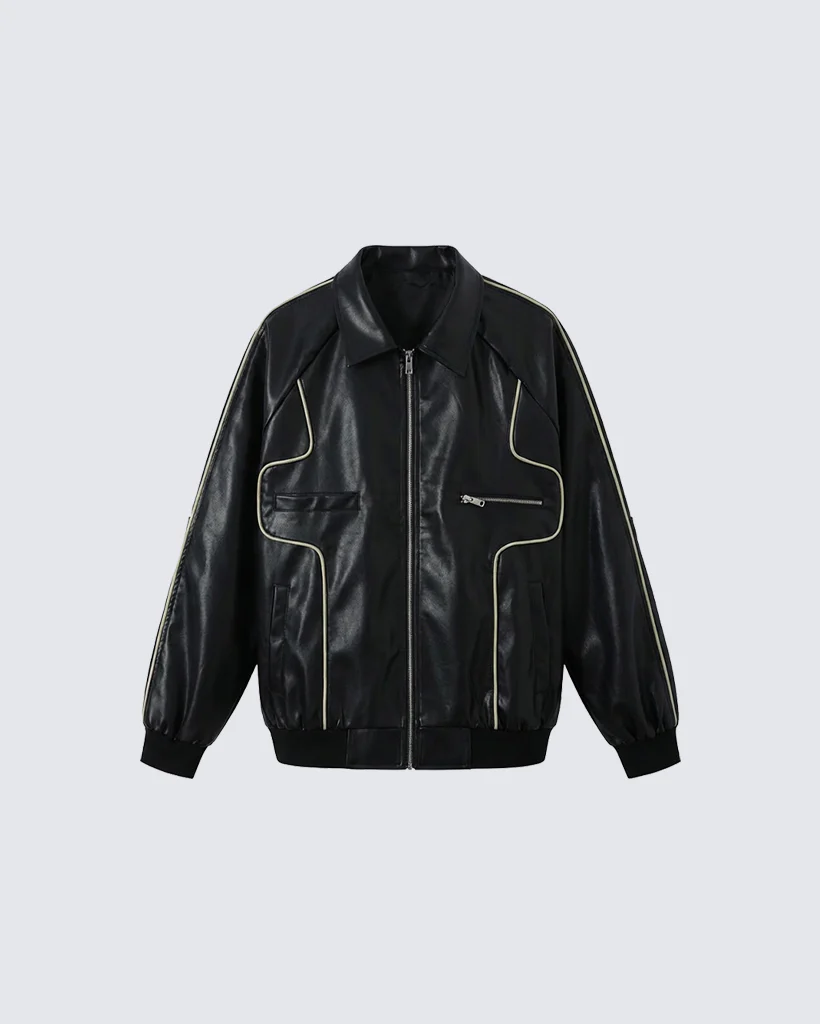 Vintage-Inspired Faux Leather Bomber Jacket - Image 3