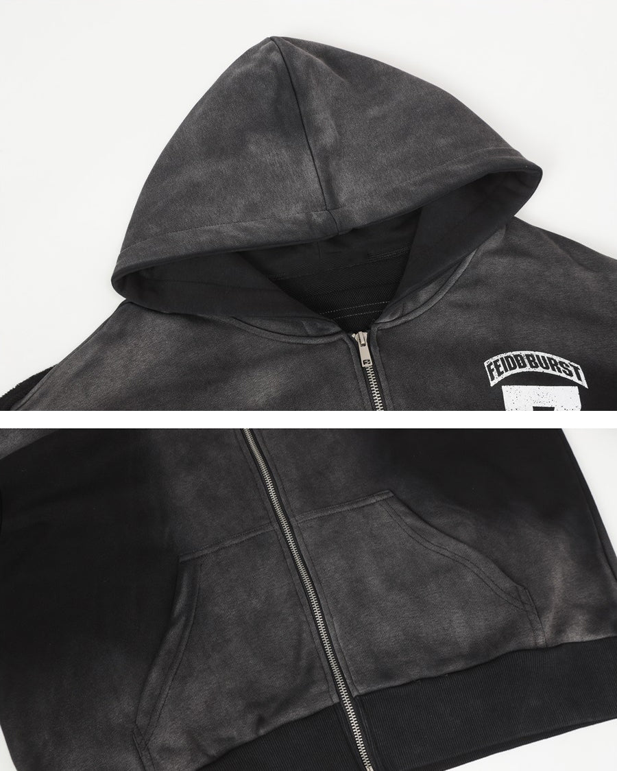 Vintage Loose Fit Washed Distressed Zip-Up Hoodie - Image 5