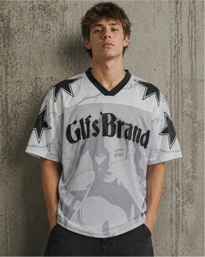 Vintage Mesh Portrait Graphic V-Neck Jersey Tee - Image 2
