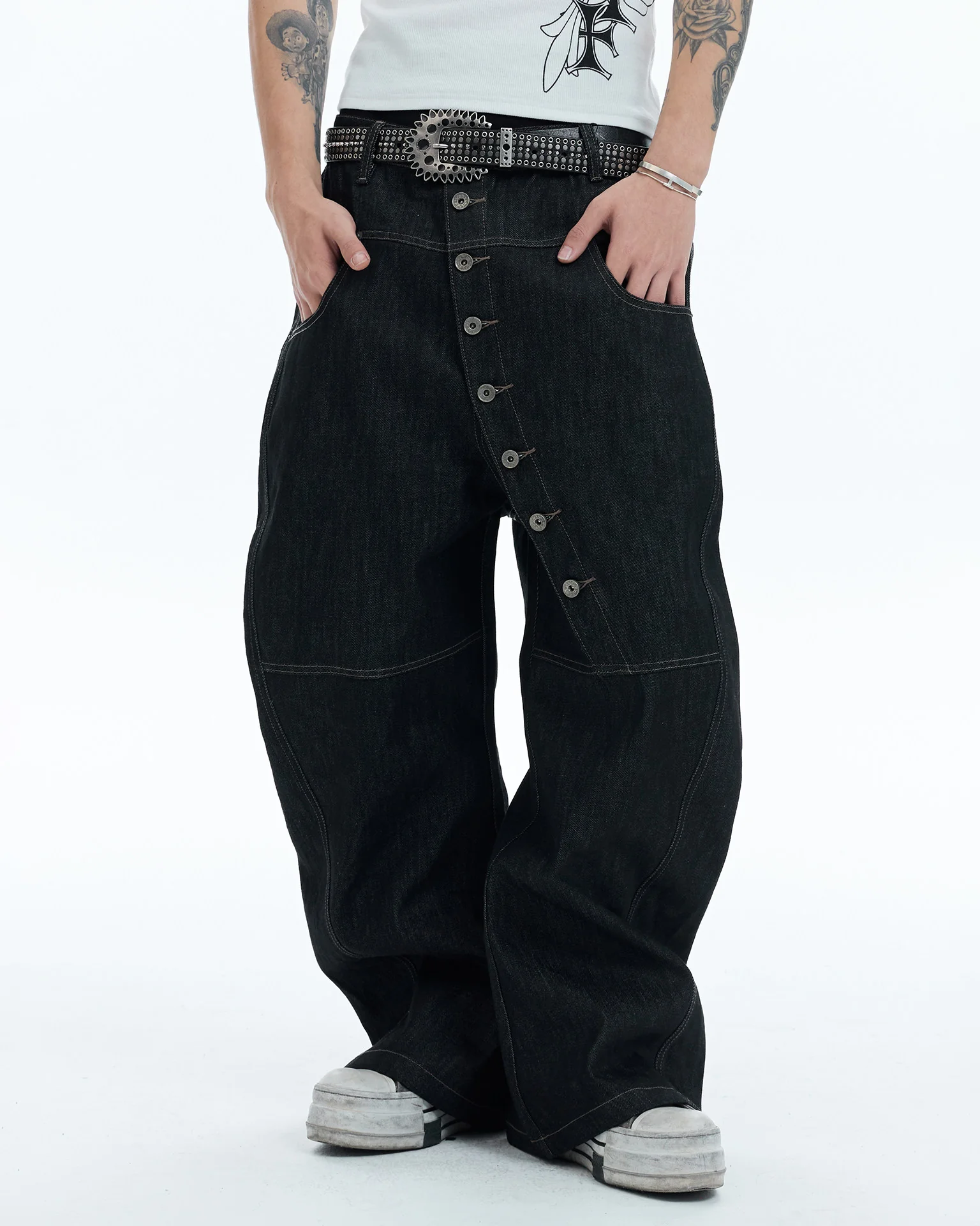 Vintage Multi-Button Denim Pants - Image 2