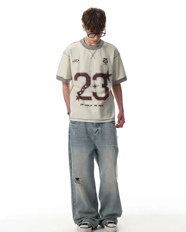 Vintage Number Print Contrast Trim T Shirt - Image 3