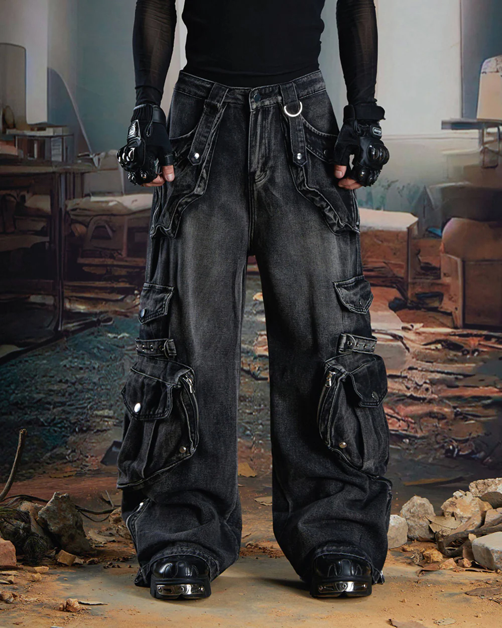 Vintage Streetwear Cargo Flared Jeans - Image 2
