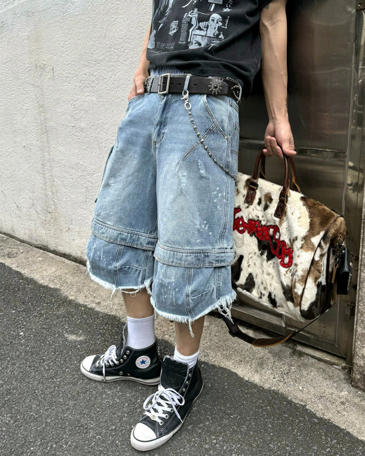 Vintage Washed Cargo Five-Length Denim Shorts - Image 5