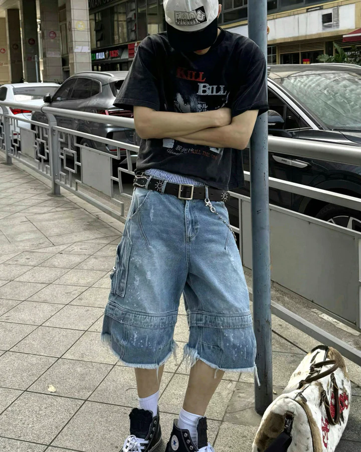 Vintage Washed Cargo Five-Length Denim Shorts - Image 6