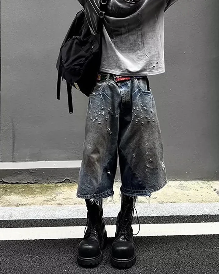 Vintage Washed Patchwork Distressed Dirty Denim Shorts - Image 10