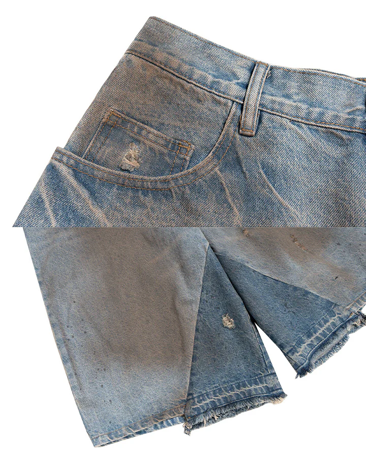 Vintage Washed Patchwork Distressed Dirty Denim Shorts - Image 12