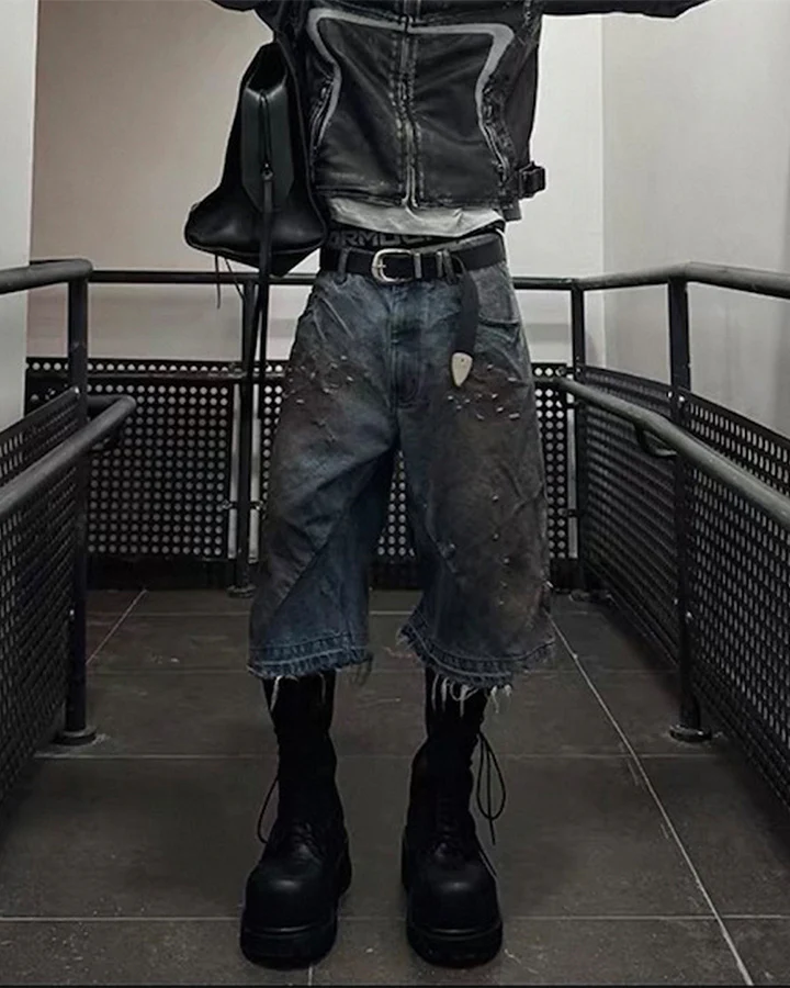Vintage Washed Patchwork Distressed Dirty Denim Shorts - Image 2