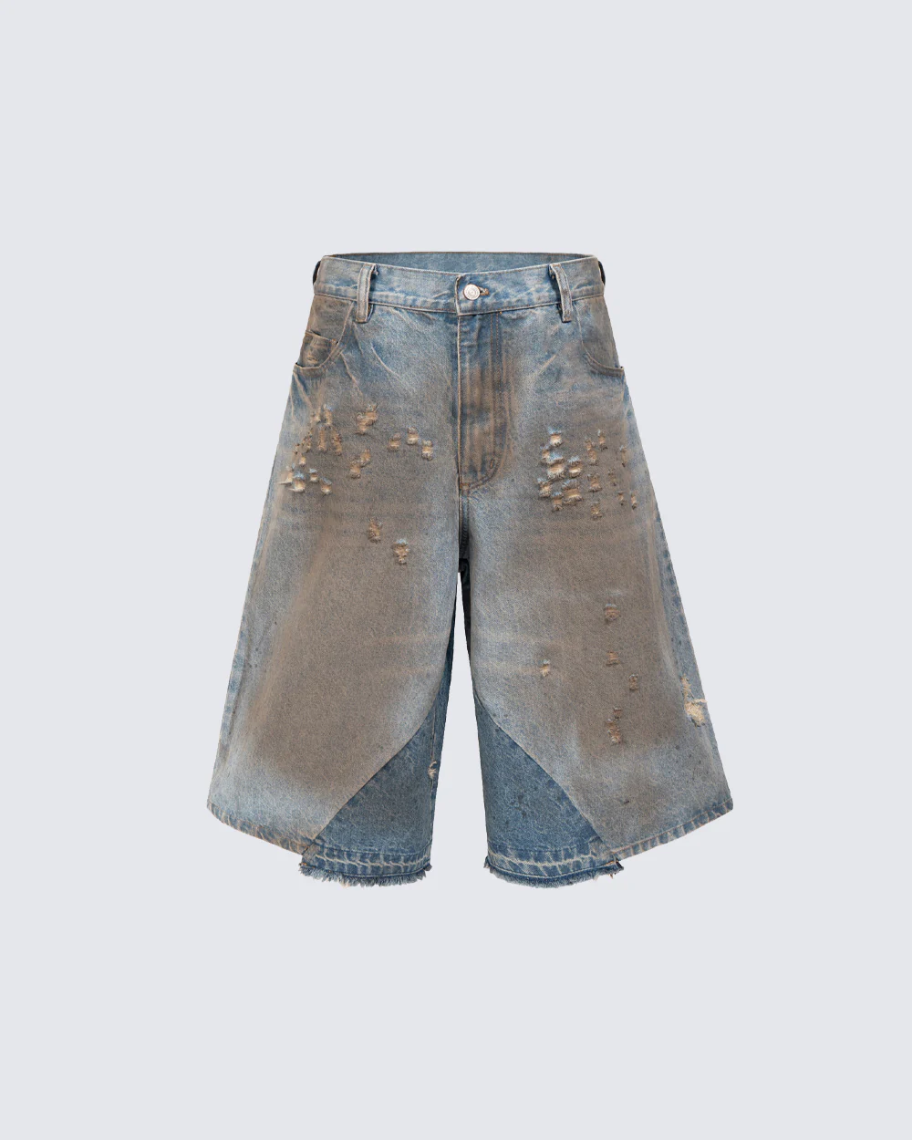 Vintage Washed Patchwork Distressed Dirty Denim Shorts - Image 5