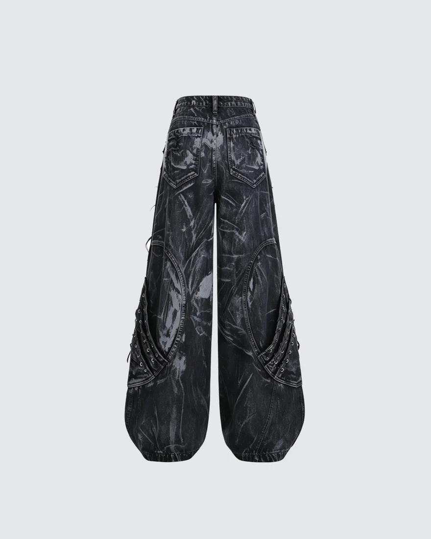 Vintage Washed Patchwork Lace-Up Wide Jeans - Image 2
