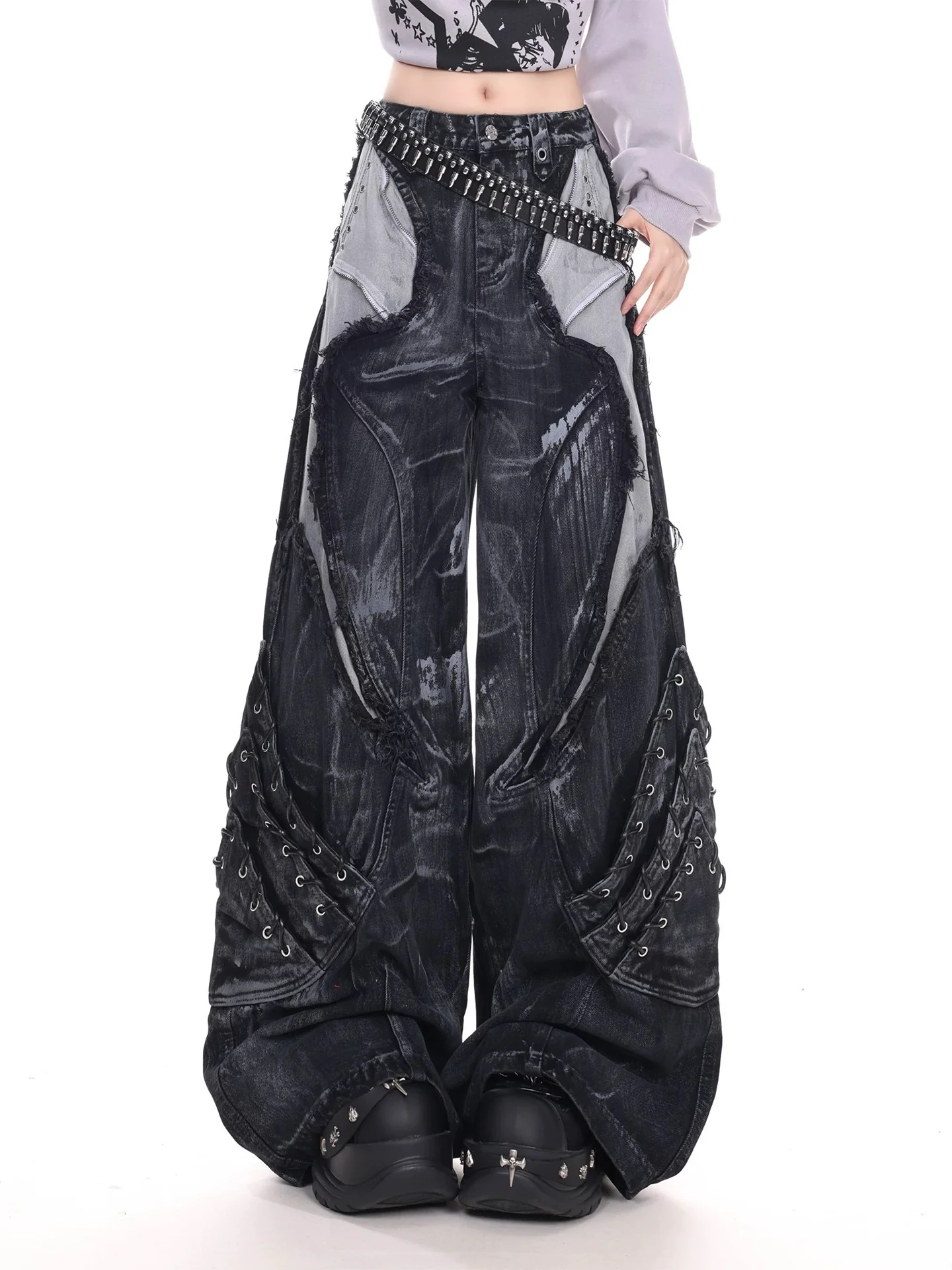 Vintage Washed Patchwork Lace-Up Wide Jeans - Image 3