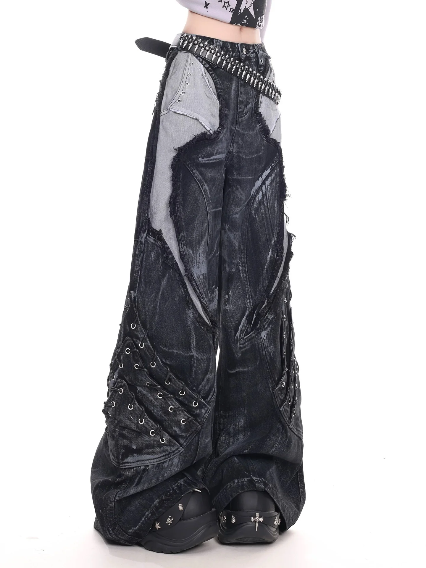 Vintage Washed Patchwork Lace-Up Wide Jeans - Image 4