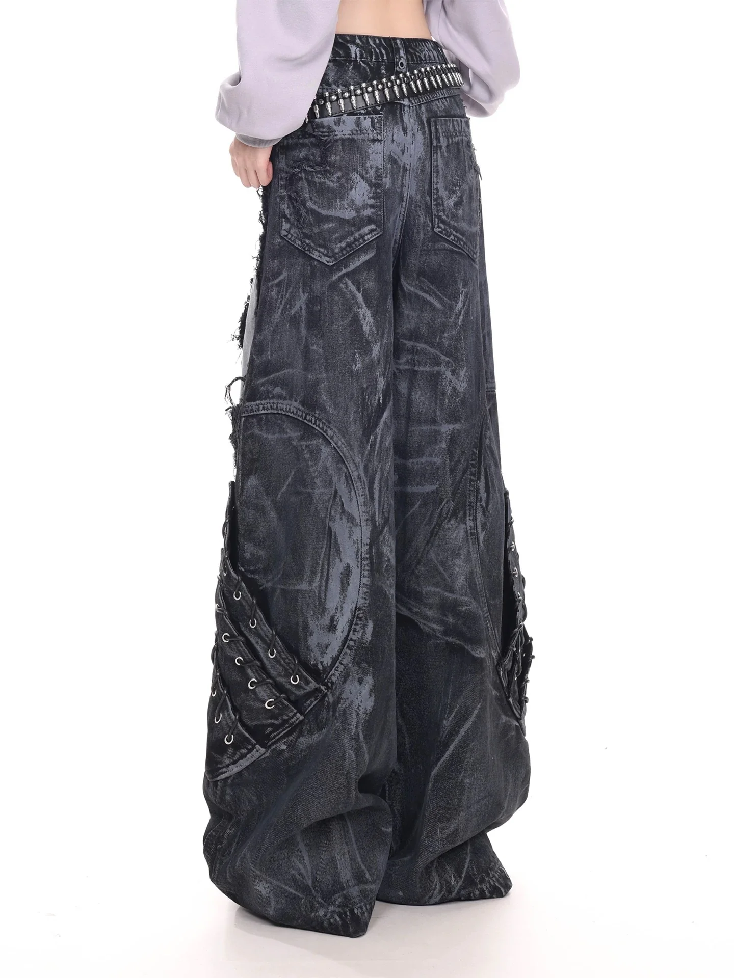 Vintage Washed Patchwork Lace-Up Wide Jeans - Image 5