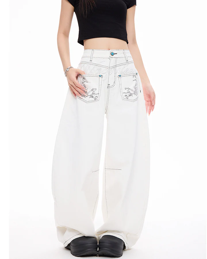 Vintage Washed Wide-Leg Denim Pants - Image 2