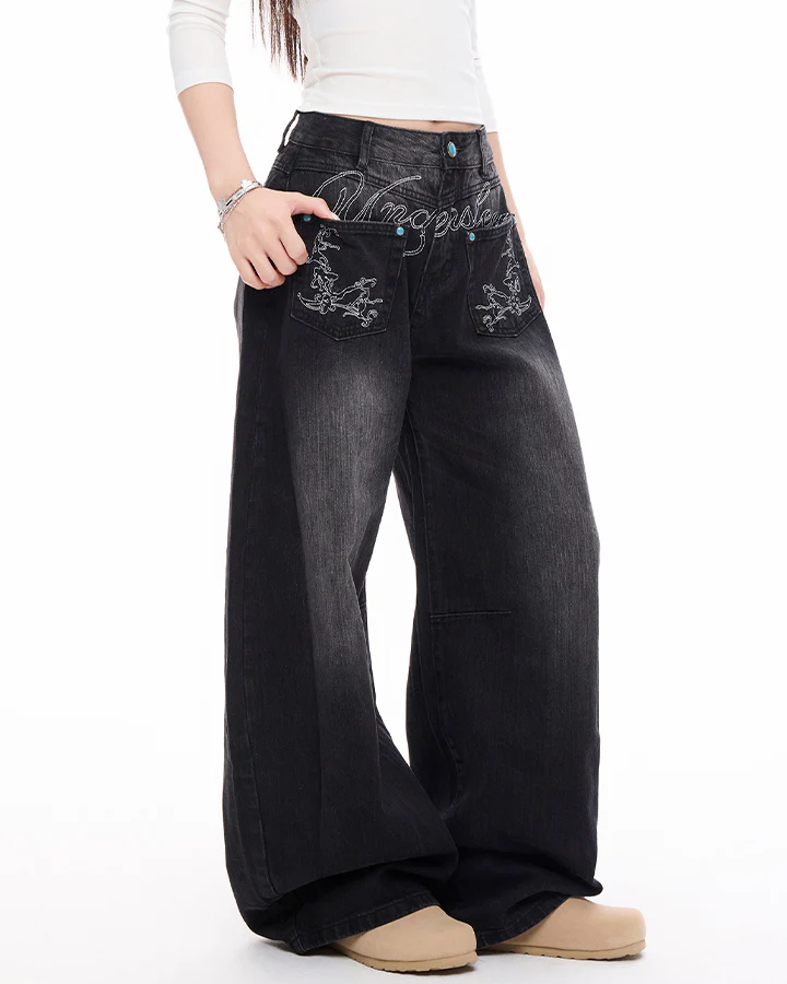 Vintage Washed Wide-Leg Denim Pants - Image 5