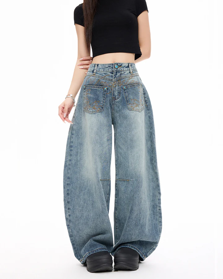 Vintage Washed Wide-Leg Denim Pants - Image 8