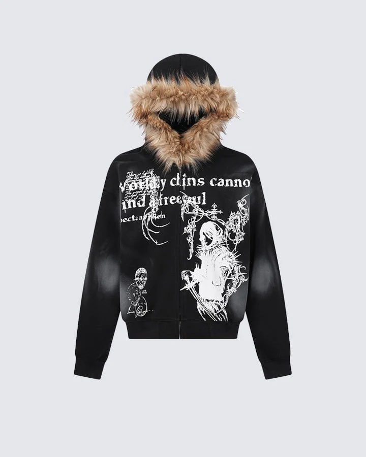 Vintage Zipper Faux Fur Hoodie - Image 3