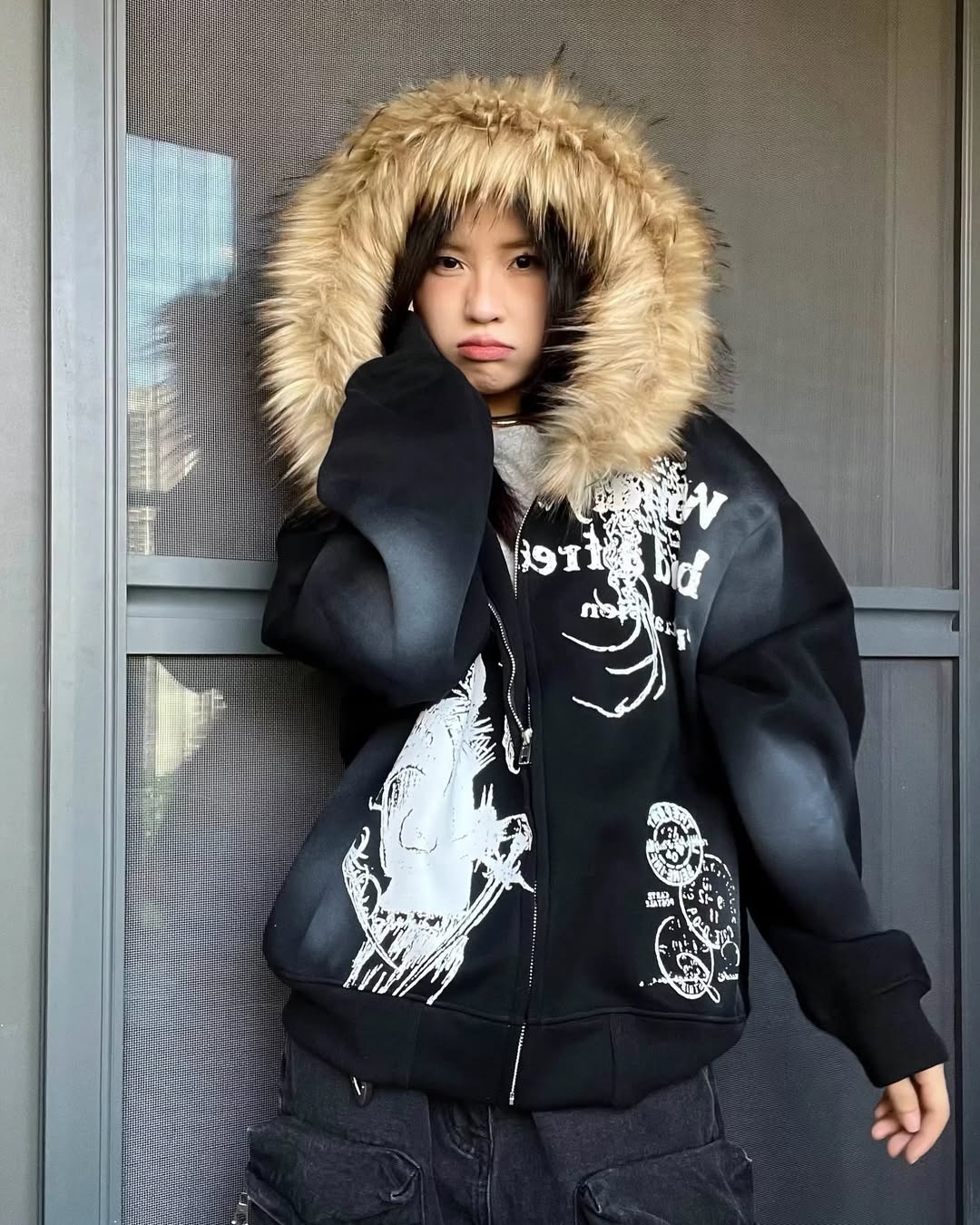 Vintage Zipper Faux Fur Hoodie - Image 5