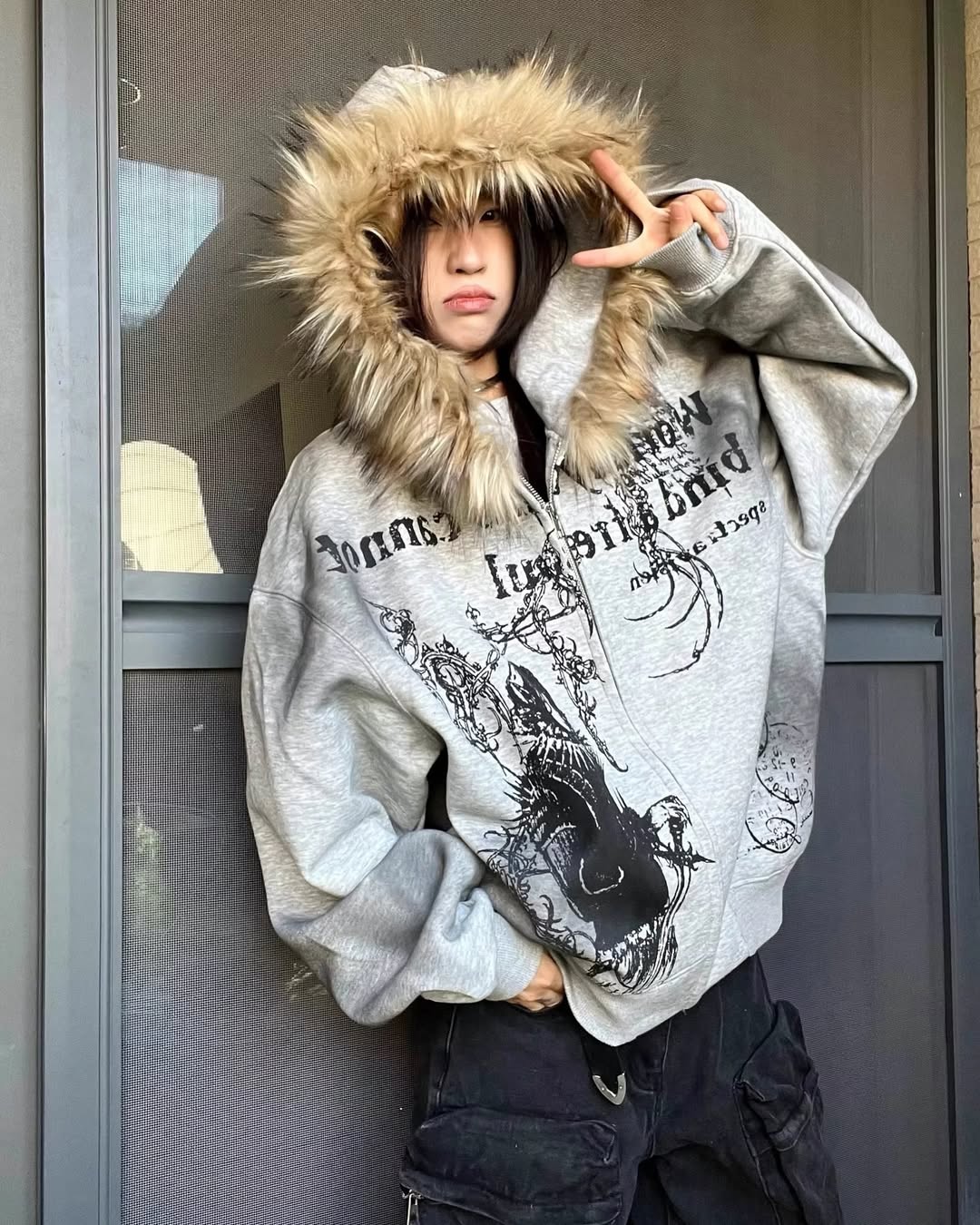 Vintage Zipper Faux Fur Hoodie - Image 6