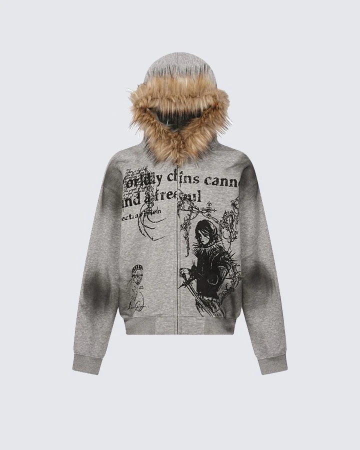 Vintage Zipper Faux Fur Hoodie - Image 8