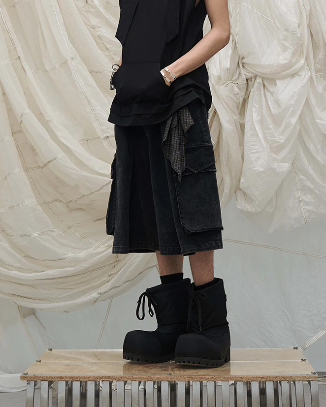 Washed Cargo Denim 8/10 Pants w/ Detachable Bandana-Black - Image 2