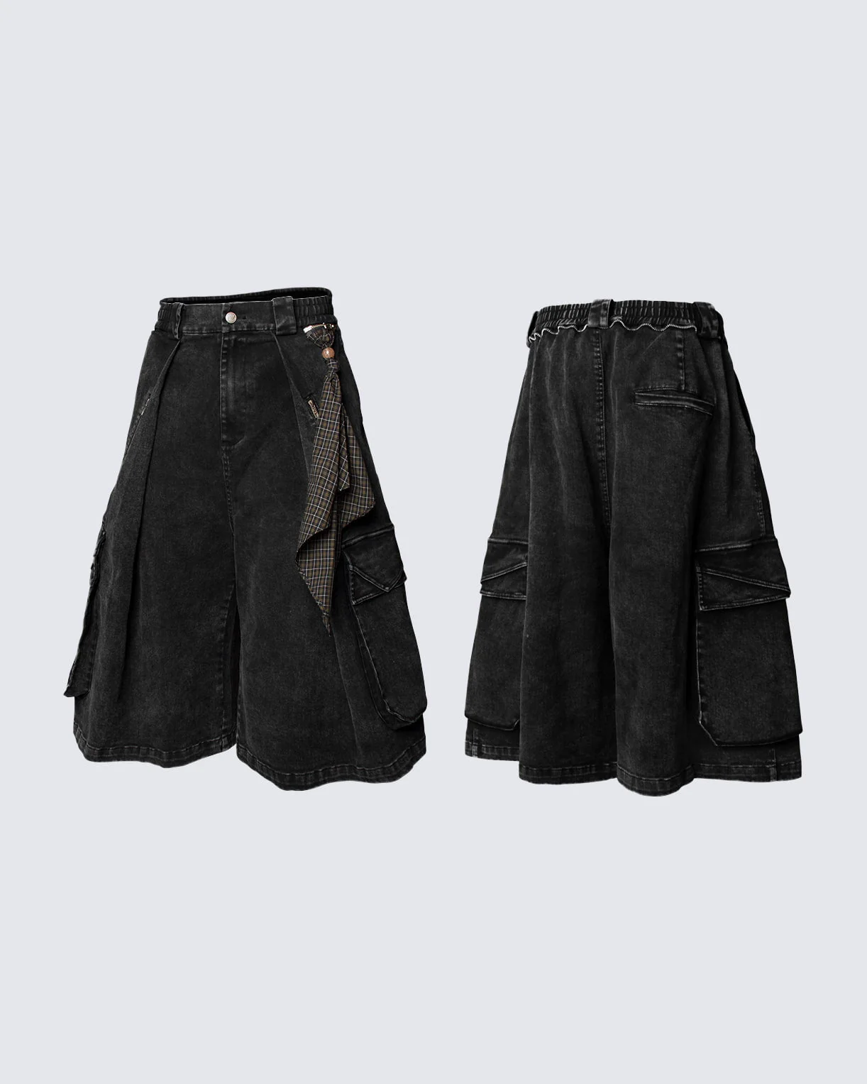 Washed Cargo Denim 8/10 Pants w/ Detachable Bandana-Black - Image 3