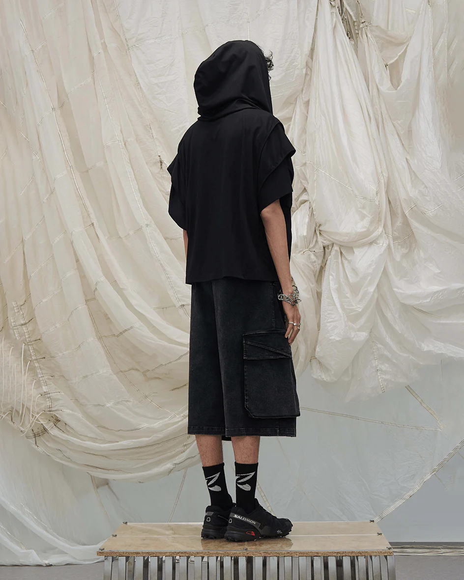 Washed Cargo Denim 8/10 Pants w/ Detachable Bandana-Black - Image 4