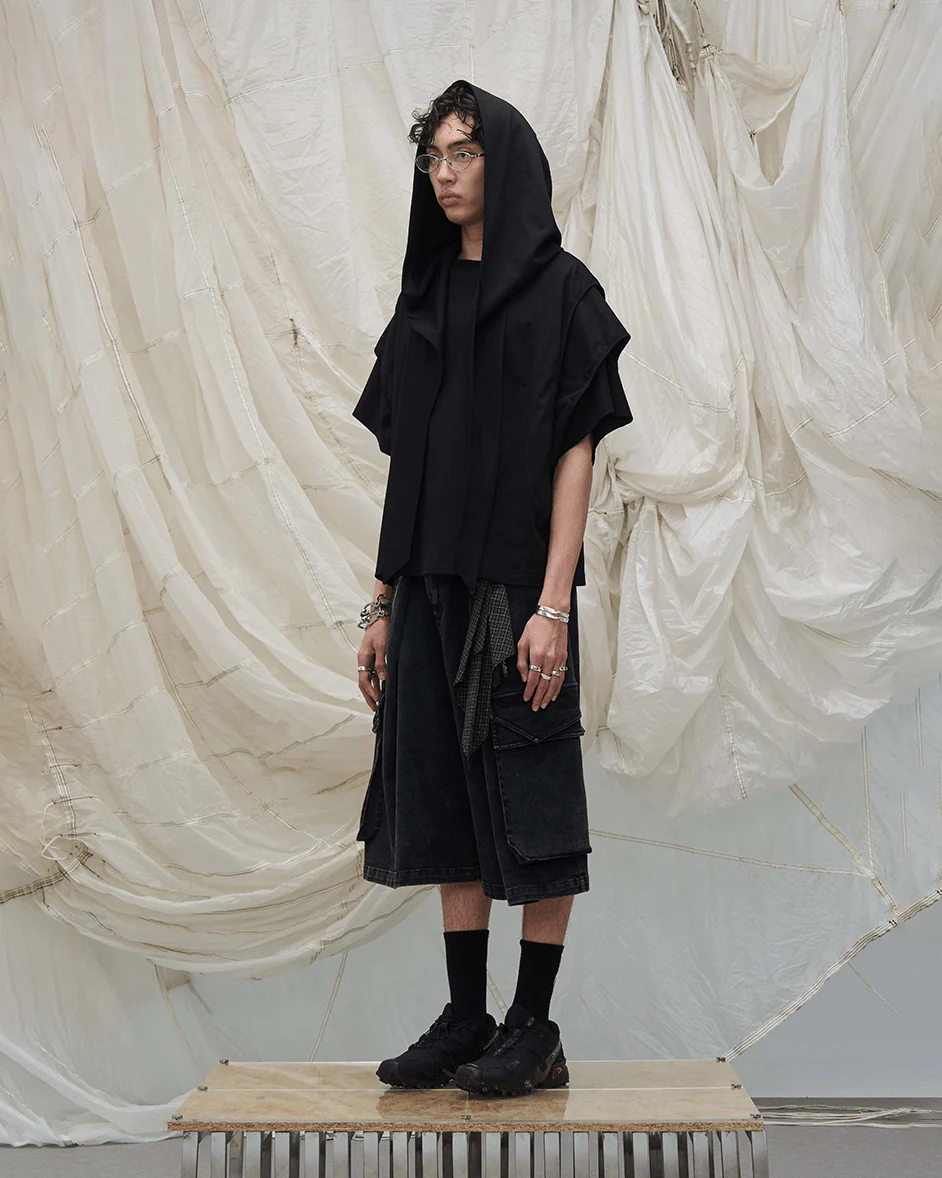 Washed Cargo Denim 8/10 Pants w/ Detachable Bandana-Black - Image 5