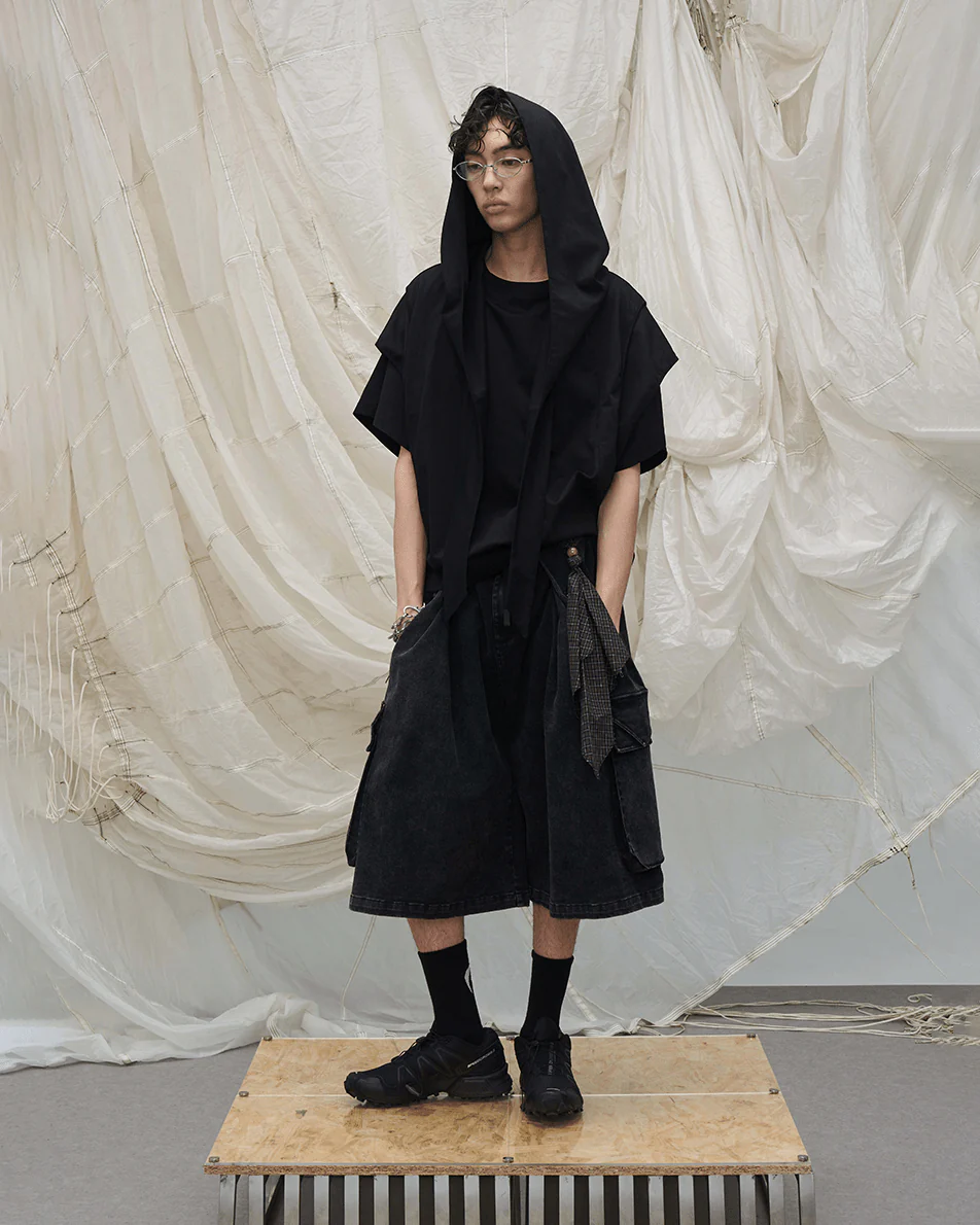 Washed Cargo Denim 8/10 Pants w/ Detachable Bandana-Black - Image 6