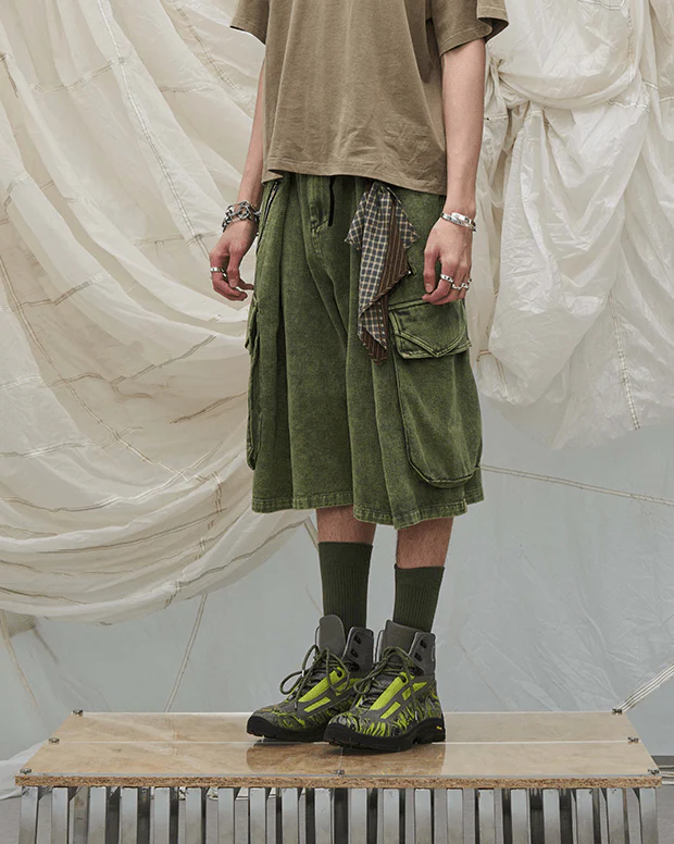 Washed Cargo Denim 8/10 Pants w/ Detachable Bandana - Image 4