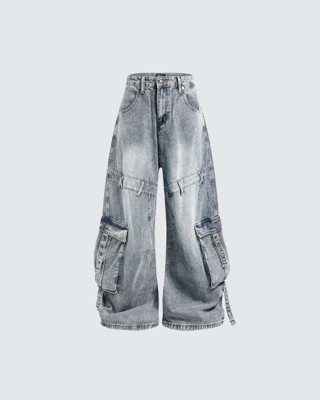 Washed Cargo Wide-Leg Denim Pants