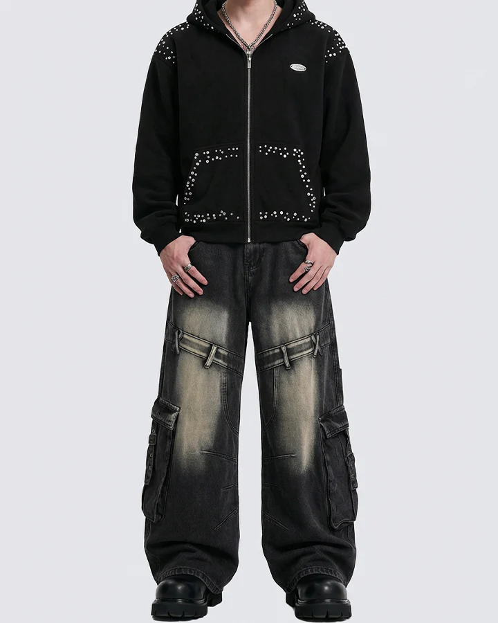Washed Cargo Wide-Leg Denim Pants - Image 2