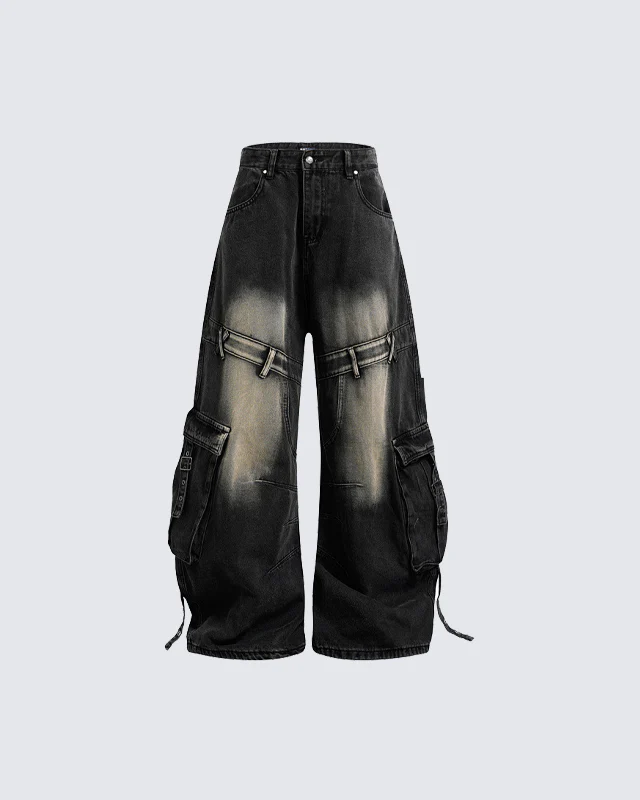 Washed Cargo Wide-Leg Denim Pants - Image 3