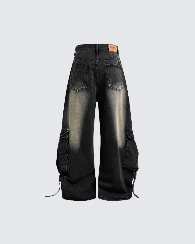 Washed Cargo Wide-Leg Denim Pants - Image 4