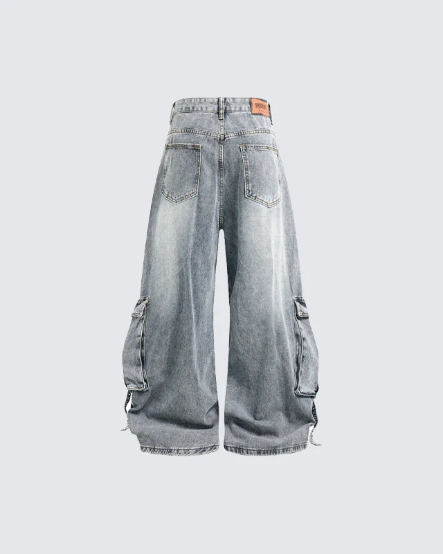Washed Cargo Wide-Leg Denim Pants - Image 5