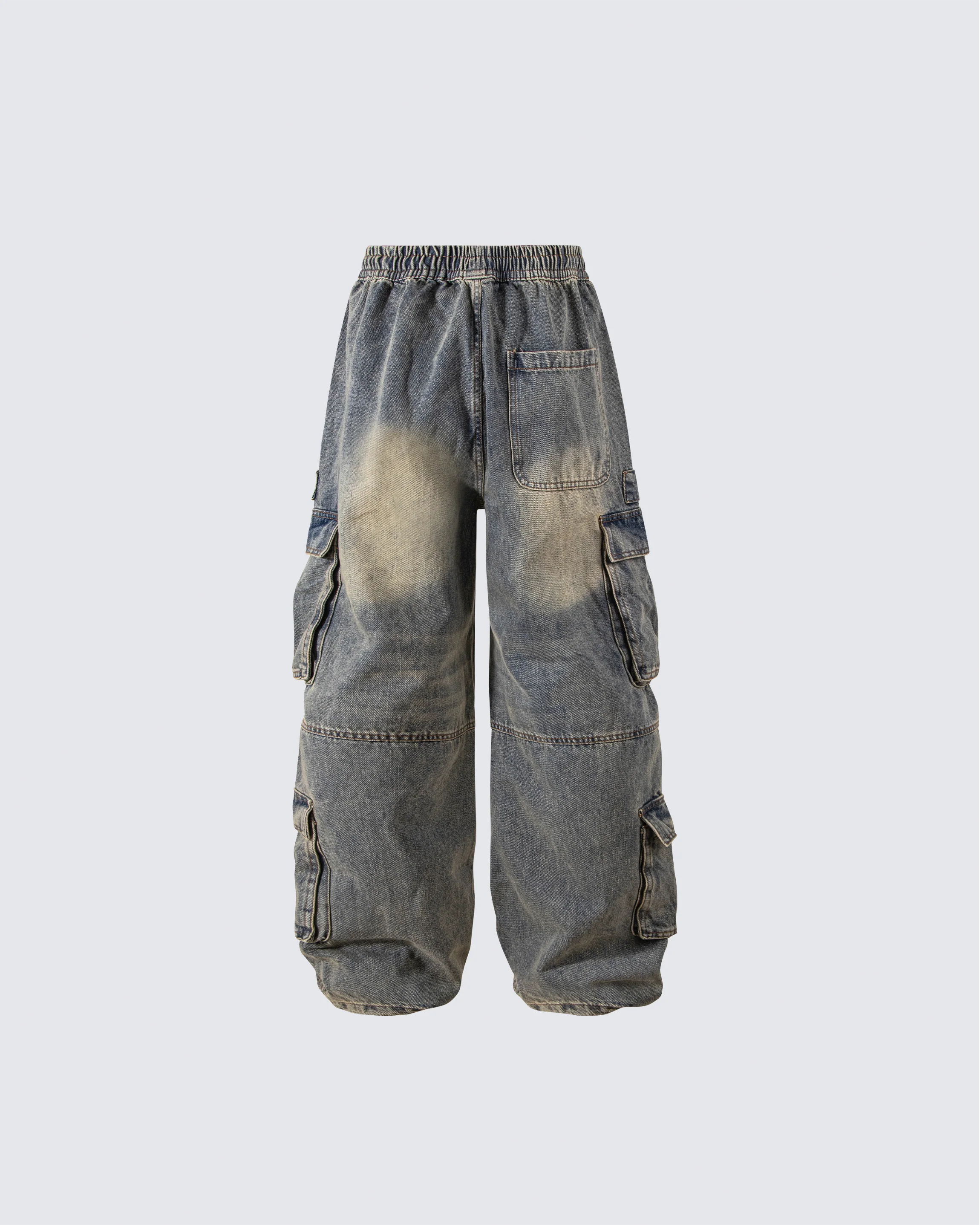 Washed Denim Multi-Pocket Cargo Pants - Image 2
