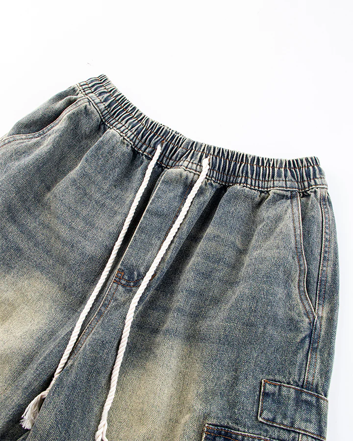 Washed Denim Multi-Pocket Cargo Pants - Image 3