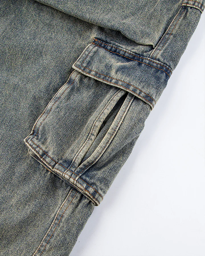 Washed Denim Multi-Pocket Cargo Pants - Image 6