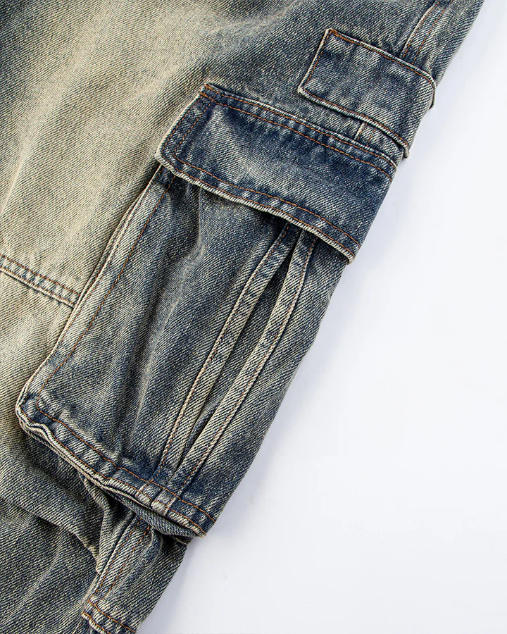 Washed Denim Multi-Pocket Cargo Pants - Image 7