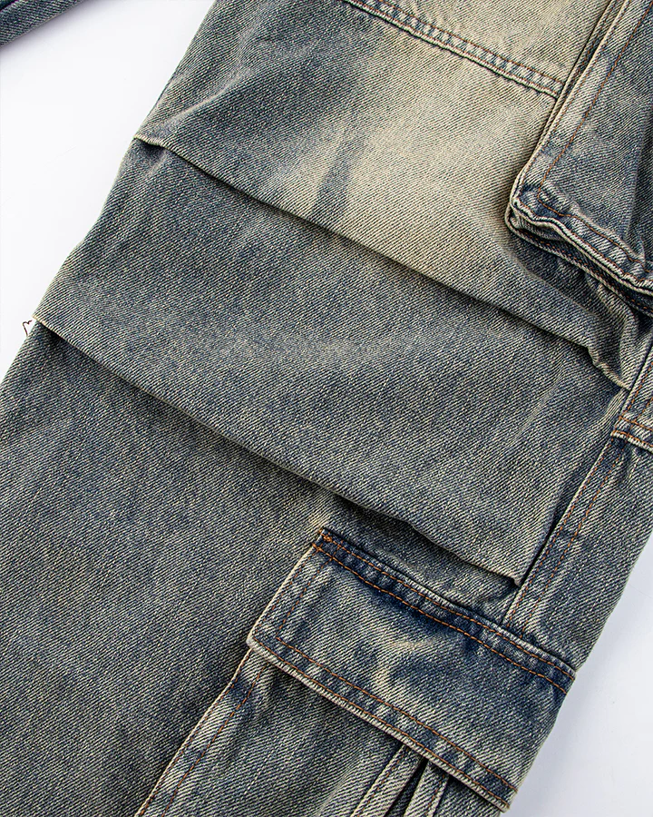 Washed Denim Multi-Pocket Cargo Pants - Image 8