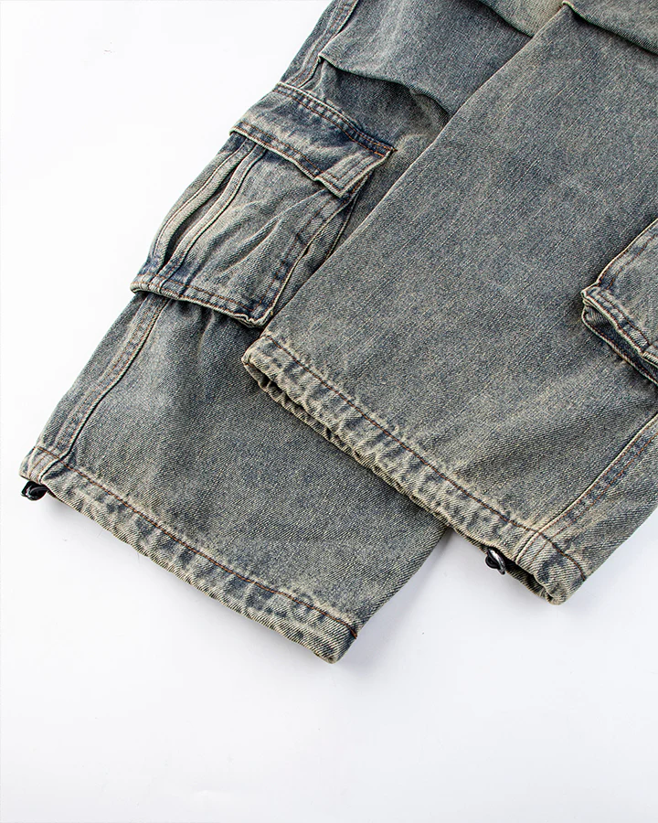 Washed Denim Multi-Pocket Cargo Pants - Image 9